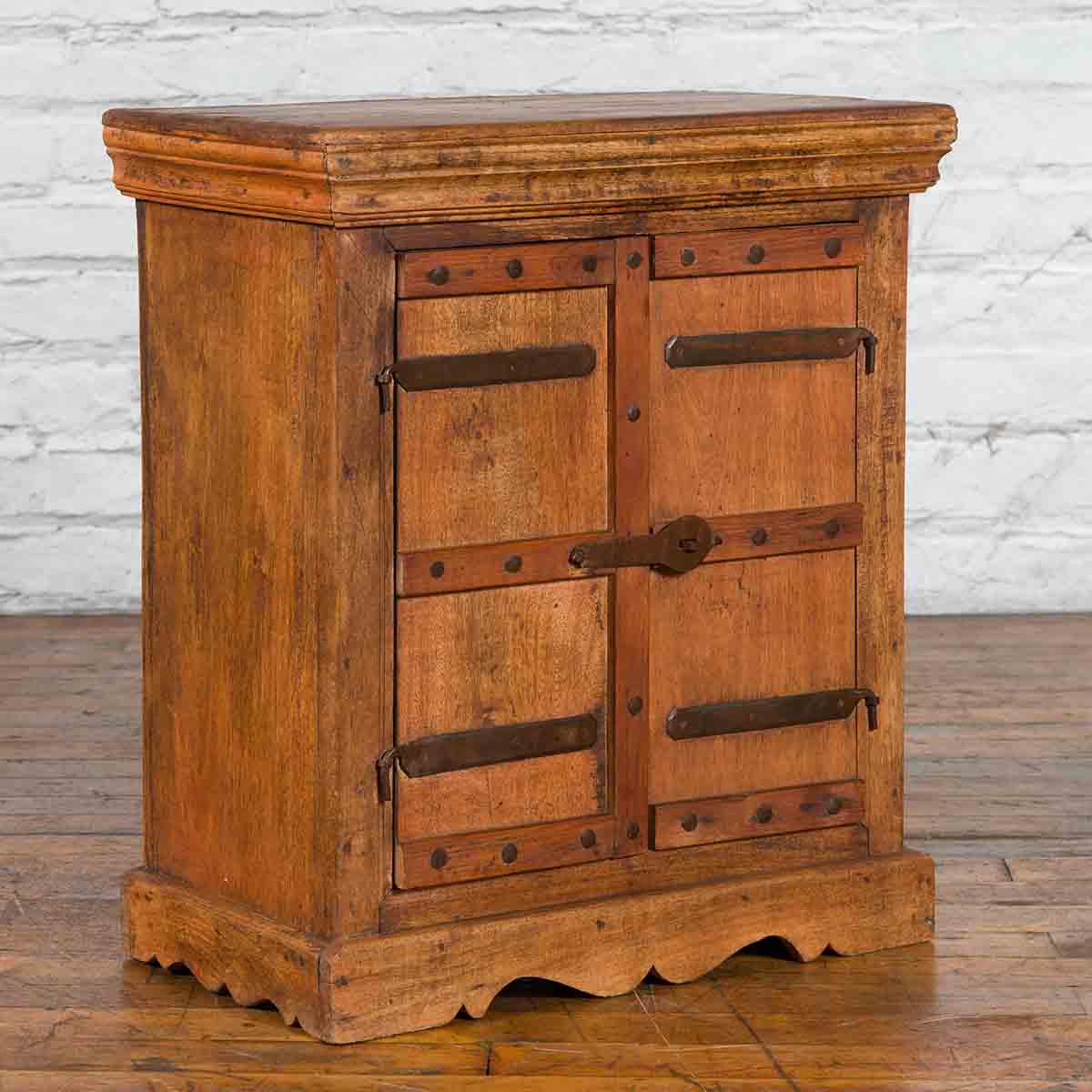 Small Rustic Indian Vintage Sheesham Wood Single Cabinet with Iron Hardware-2. Asian & Chinese Furniture, Art, Antiques, Vintage Home Décor for sale at FEA Home