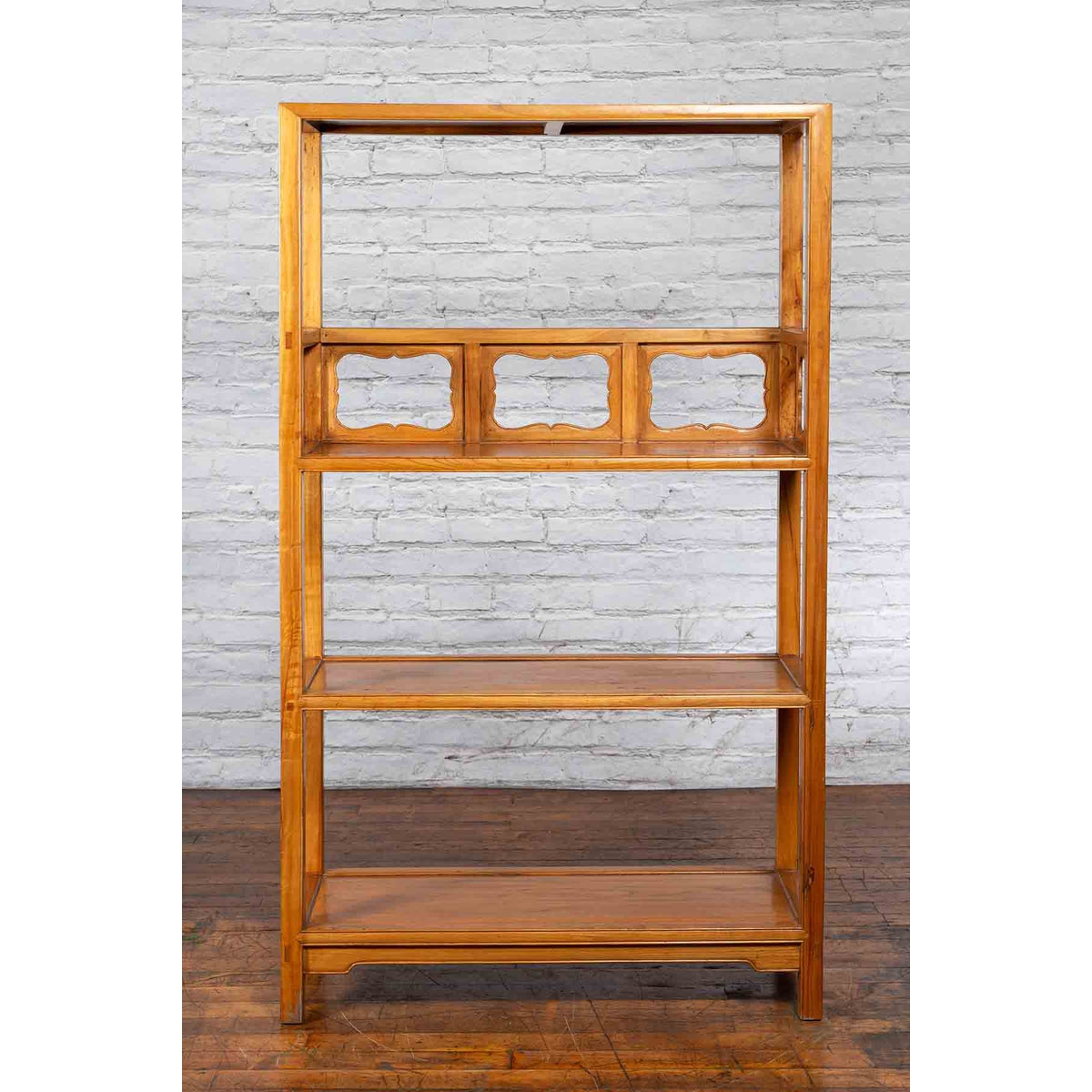 Chinese Qing Dynasty Elmwood Bookcase with Three Shelves and Pierced Cartouches-5. Asian &amp; Chinese Furniture, Art, Antiques, Vintage Home Décor for sale at FEA Home