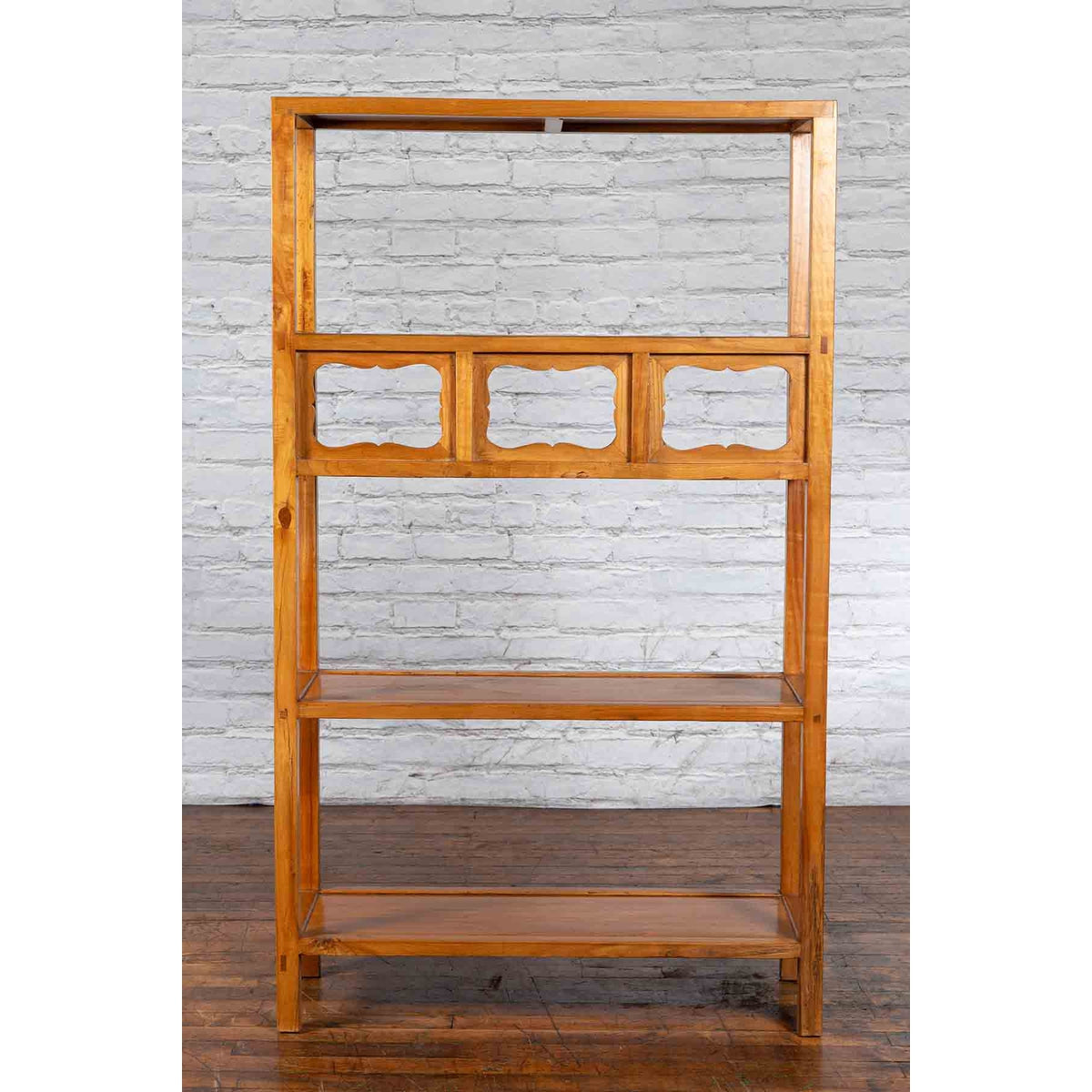 Chinese Qing Dynasty Elmwood Bookcase with Three Shelves and Pierced Cartouches-2. Asian & Chinese Furniture, Art, Antiques, Vintage Home Décor for sale at FEA Home