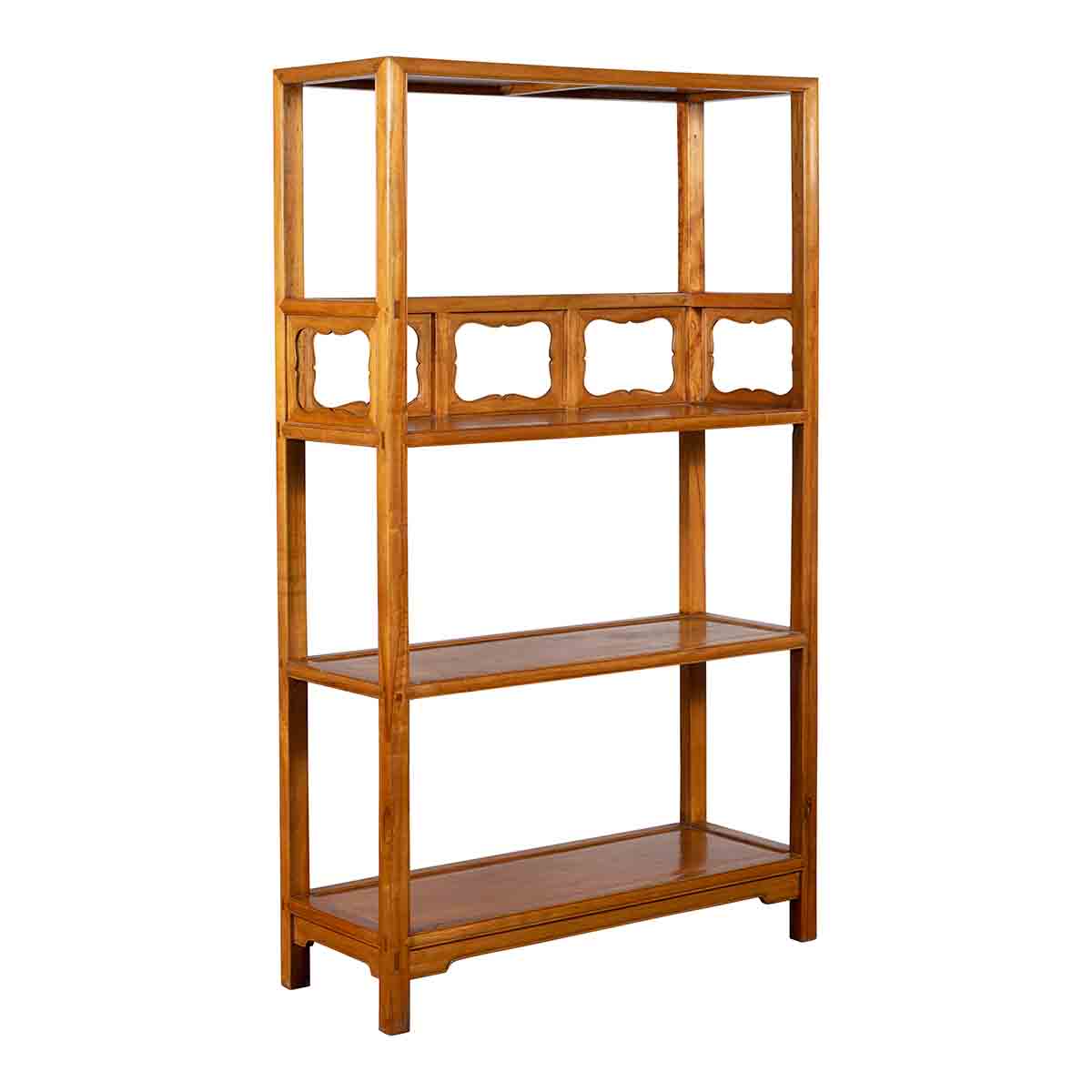 Chinese Qing Dynasty Elmwood Bookcase with Three Shelves and Pierced Cartouches-1. Asian & Chinese Furniture, Art, Antiques, Vintage Home Décor for sale at FEA Home