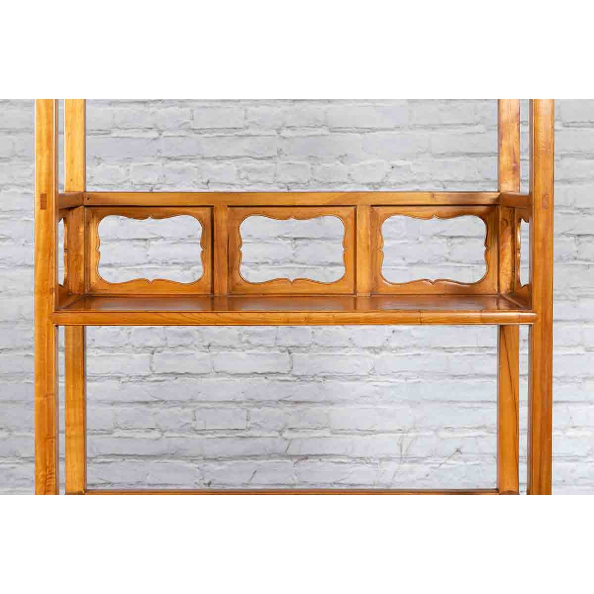 Chinese Qing Dynasty Elmwood Bookcase with Three Shelves and Pierced Cartouches-7. Asian &amp; Chinese Furniture, Art, Antiques, Vintage Home Décor for sale at FEA Home