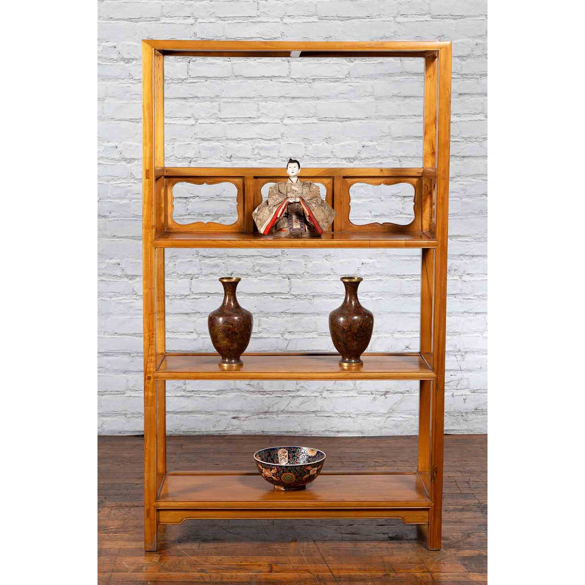 Chinese Qing Dynasty Elmwood Bookcase with Three Shelves and Pierced Cartouches-3. Asian &amp; Chinese Furniture, Art, Antiques, Vintage Home Décor for sale at FEA Home