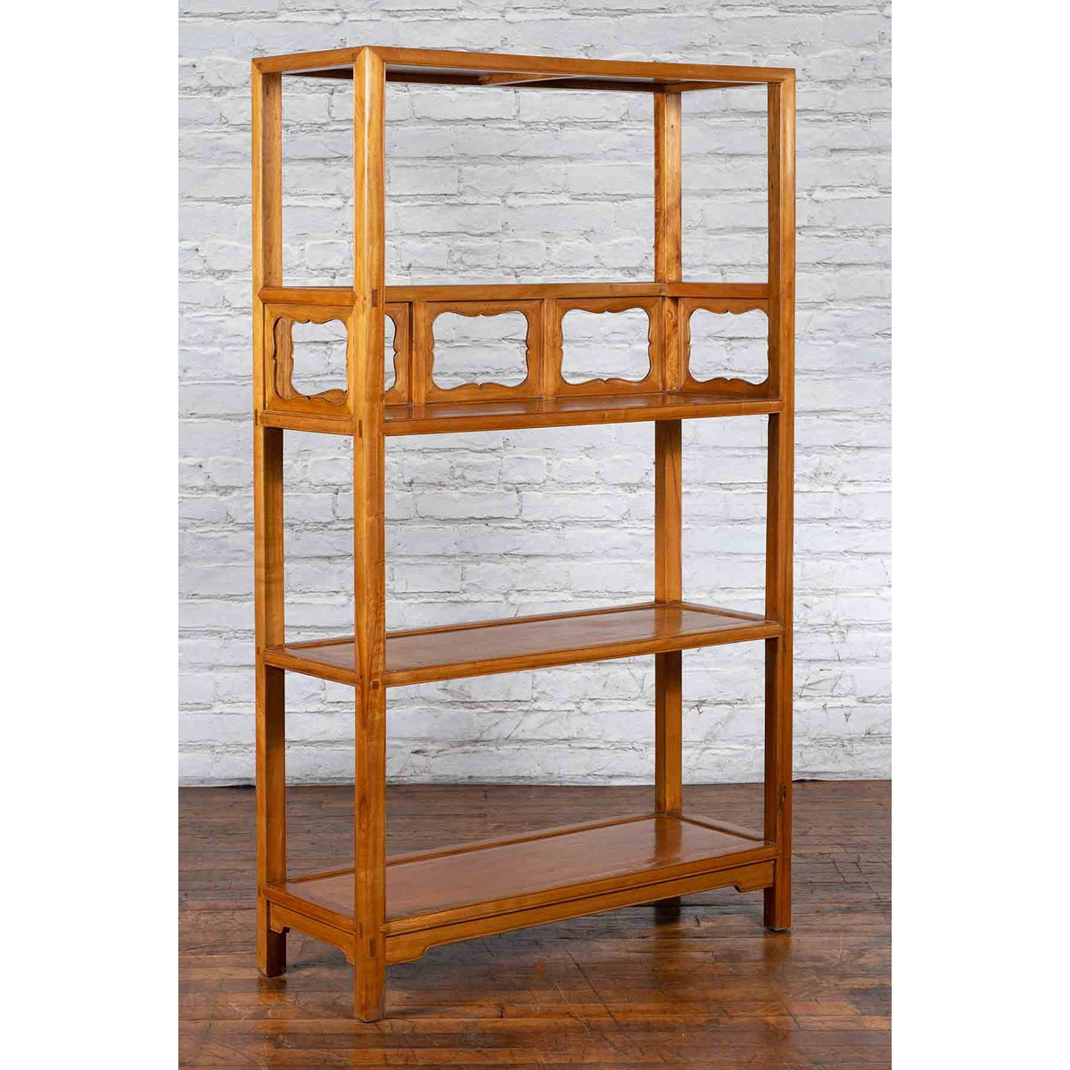 Chinese Qing Dynasty Elmwood Bookcase with Three Shelves and Pierced Cartouches-4. Asian &amp; Chinese Furniture, Art, Antiques, Vintage Home Décor for sale at FEA Home