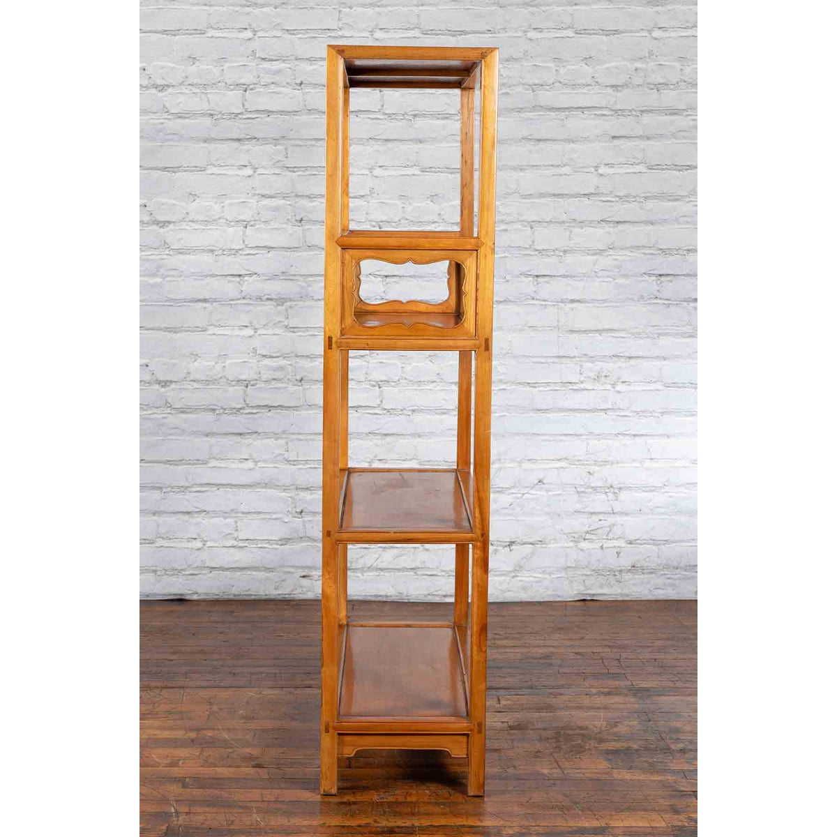 Chinese Qing Dynasty Elmwood Bookcase with Three Shelves and Pierced Cartouches-10. Asian &amp; Chinese Furniture, Art, Antiques, Vintage Home Décor for sale at FEA Home