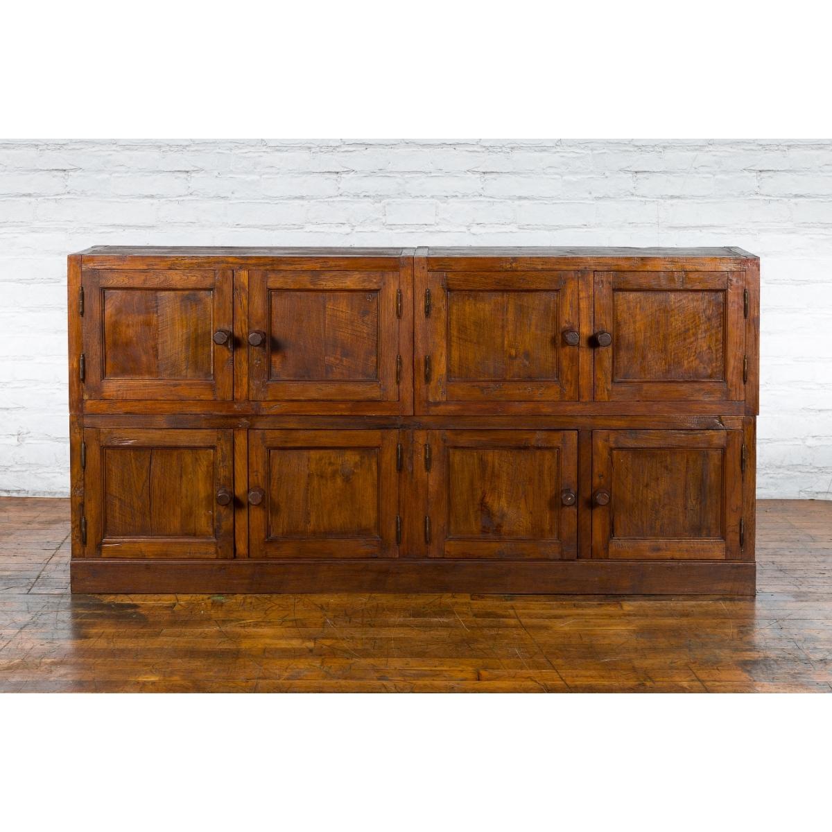 Javanese Vintage Brown Lacquer Eight Door Bookcase with Recessed Panels-2. Asian & Chinese Furniture, Art, Antiques, Vintage Home Décor for sale at FEA Home