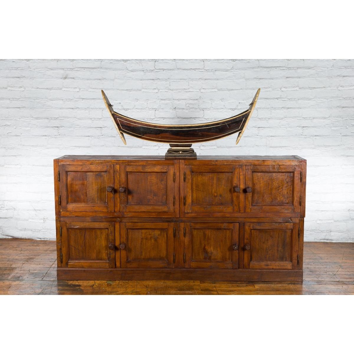 Javanese Vintage Brown Lacquer Eight Door Bookcase with Recessed Panels-7. Asian &amp; Chinese Furniture, Art, Antiques, Vintage Home Décor for sale at FEA Home