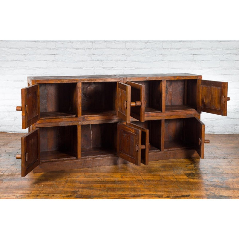 Javanese Vintage Brown Lacquer Eight Door Bookcase with Recessed Panels-YN2675-8. Asian & Chinese Furniture, Art, Antiques, Vintage Home Décor for sale at FEA Home