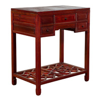 Vintage Red Lacquered Wooden Three-Drawer Vanity Table with Folding Mirror