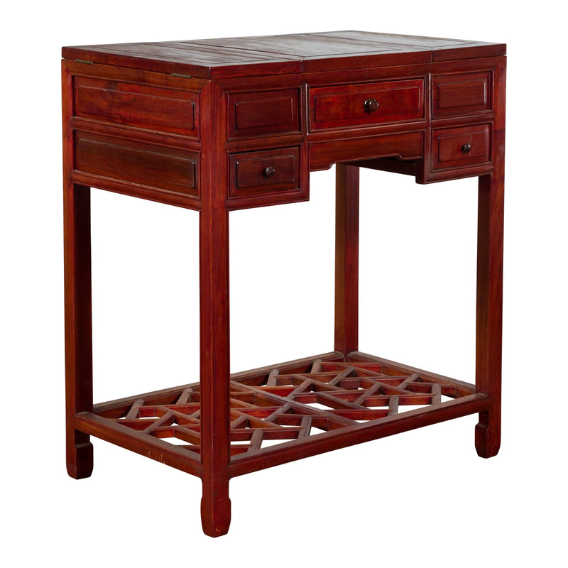 Vintage Red Lacquered Wooden Three-Drawer Vanity Table with Folding Mirror-YN2691-1. Asian & Chinese Furniture, Art, Antiques, Vintage Home Décor for sale at FEA Home
