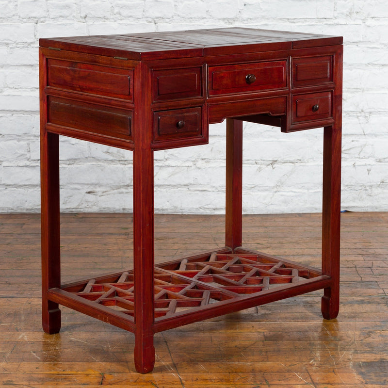 Vintage Red Lacquered Wooden Three-Drawer Vanity Table with Folding Mirror-YN2691-11. Asian & Chinese Furniture, Art, Antiques, Vintage Home Décor for sale at FEA Home