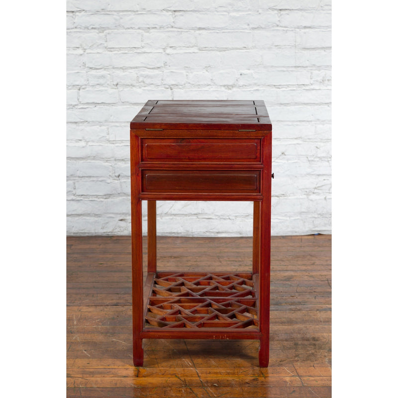 Vintage Red Lacquered Wooden Three-Drawer Vanity Table with Folding Mirror-YN2691-12. Asian & Chinese Furniture, Art, Antiques, Vintage Home Décor for sale at FEA Home