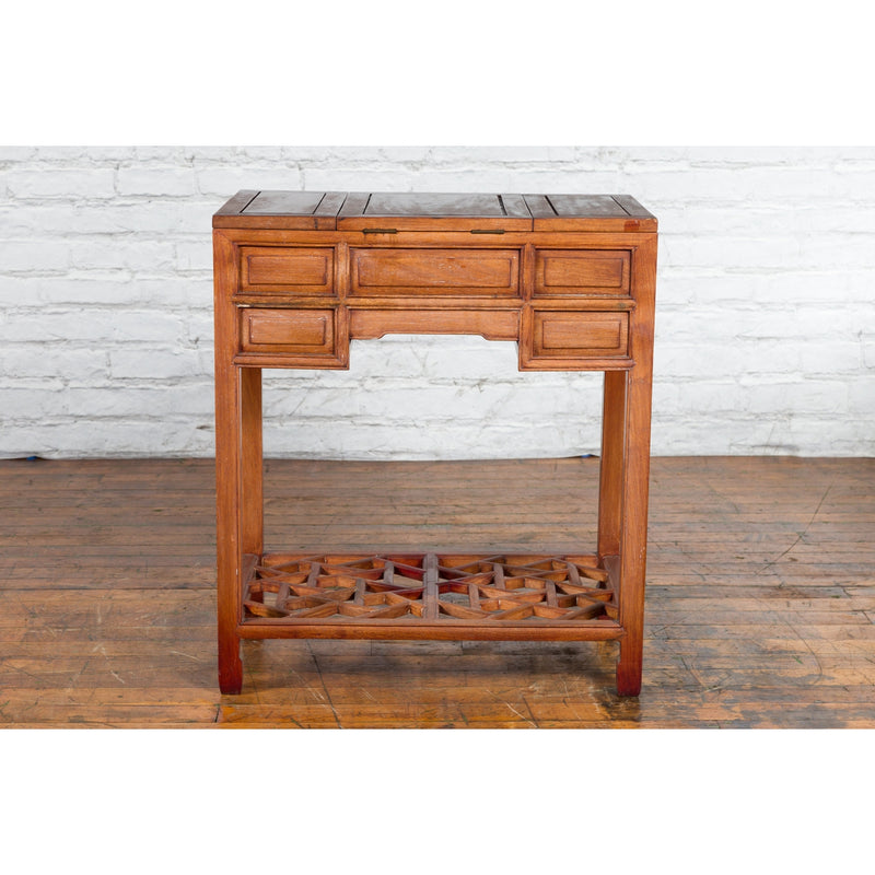 Vintage Red Lacquered Wooden Three-Drawer Vanity Table with Folding Mirror-YN2691-13. Asian & Chinese Furniture, Art, Antiques, Vintage Home Décor for sale at FEA Home