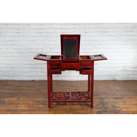 Vintage Red Lacquered Wooden Three-Drawer Vanity Table with Folding Mirror-YN2691-4. Asian & Chinese Furniture, Art, Antiques, Vintage Home Décor for sale at FEA Home