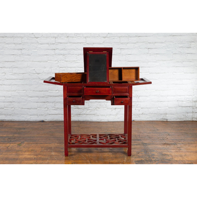 Vintage Red Lacquered Wooden Three-Drawer Vanity Table with Folding Mirror-YN2691-5. Asian & Chinese Furniture, Art, Antiques, Vintage Home Décor for sale at FEA Home