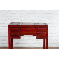 Vintage Red Lacquered Wooden Three-Drawer Vanity Table with Folding Mirror-YN2691-6. Asian & Chinese Furniture, Art, Antiques, Vintage Home Décor for sale at FEA Home