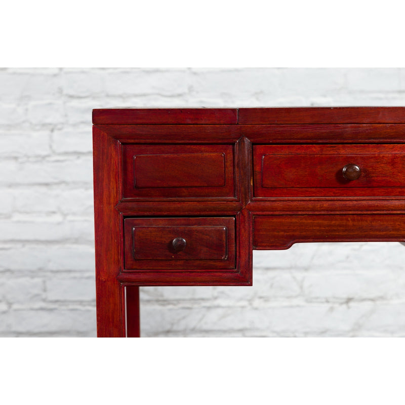 Vintage Red Lacquered Wooden Three-Drawer Vanity Table with Folding Mirror-YN2691-8. Asian & Chinese Furniture, Art, Antiques, Vintage Home Décor for sale at FEA Home