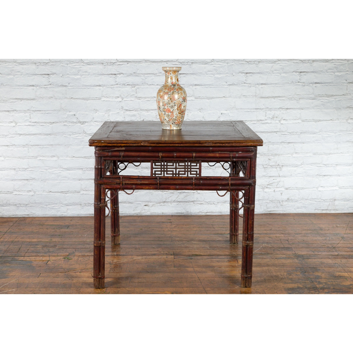 Chinese Early 20th Century Bamboo and Elm Wine Table with Rattan Looping Accents-2. Asian & Chinese Furniture, Art, Antiques, Vintage Home Décor for sale at FEA Home