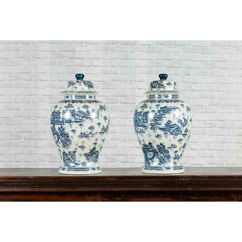 Pair of Vintage Chinese Blue and white Porcelain Temple Jars with Architectures