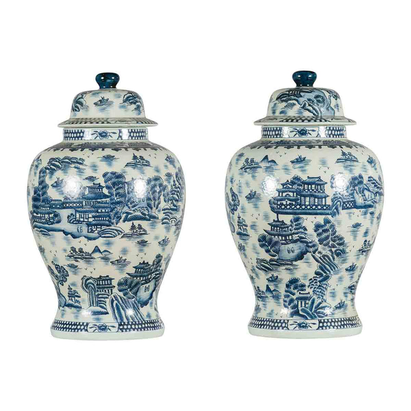 Pair of Vintage Chinese Blue and white Porcelain Temple Jars with Architectures- Asian Antiques, Vintage Home Decor & Chinese Furniture - FEA Home