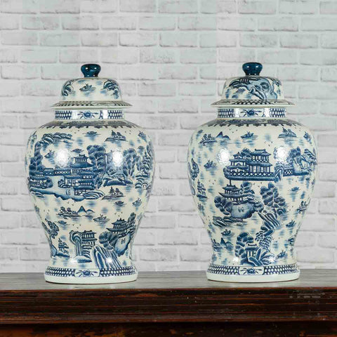 Pair of Vintage Chinese Blue and white Porcelain Temple Jars with Architectures