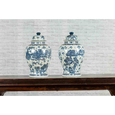 Pair of Vintage Chinese Blue and white Porcelain Temple Jars with Architectures