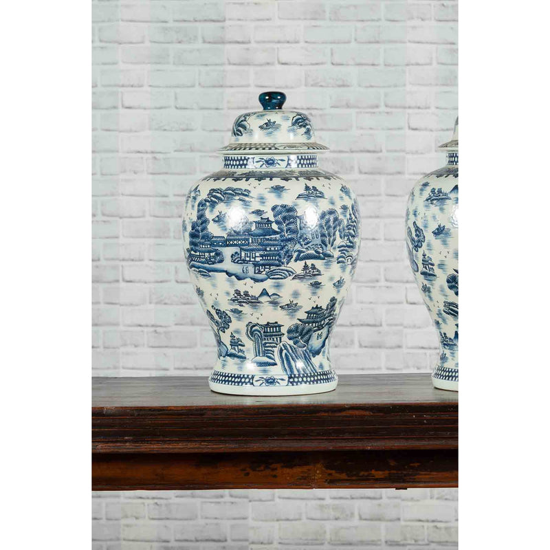 Pair of Vintage Chinese Blue and white Porcelain Temple Jars with Architectures
