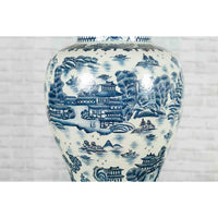 Pair of Vintage Chinese Blue and white Porcelain Temple Jars with Architectures