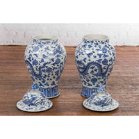 Pair of Vintage Chinese Blue and white Porcelain Lidded Jars with Dragon Motifs