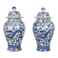 Pair of Vintage Chinese Blue and white Porcelain Lidded Jars with Dragon Motifs- Asian Antiques, Vintage Home Decor & Chinese Furniture - FEA Home