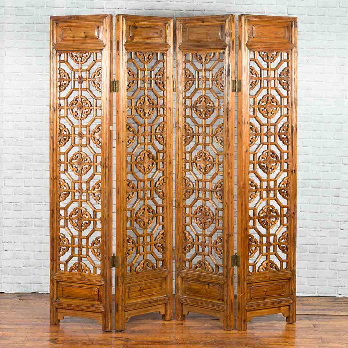 Chinese Early 20th Century Fretwork Four-Panel Screen with Geometric Motifs-2. Asian & Chinese Furniture, Art, Antiques, Vintage Home Décor for sale at FEA Home