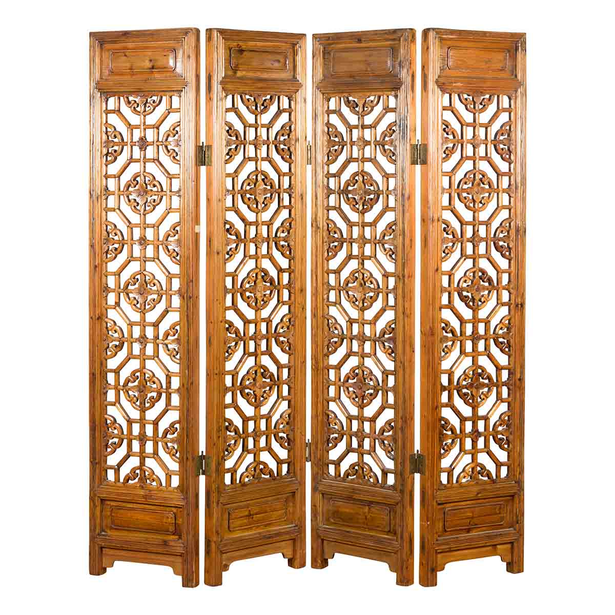 Chinese Early 20th Century Fretwork Four-Panel Screen with Geometric Motifs-1. Asian & Chinese Furniture, Art, Antiques, Vintage Home Décor for sale at FEA Home
