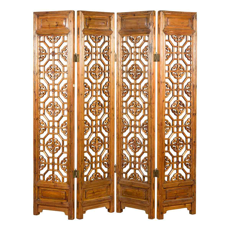 Chinese Early 20th Century Fretwork Four-Panel Screen with Geometric Motifs- Asian Antiques, Vintage Home Decor & Chinese Furniture - FEA Home