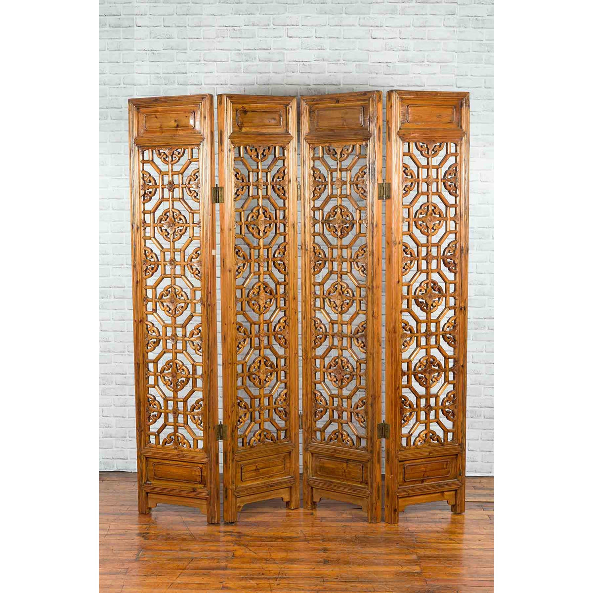 Chinese Early 20th Century Fretwork Four-Panel Screen with Geometric Motifs-3. Asian &amp; Chinese Furniture, Art, Antiques, Vintage Home Décor for sale at FEA Home