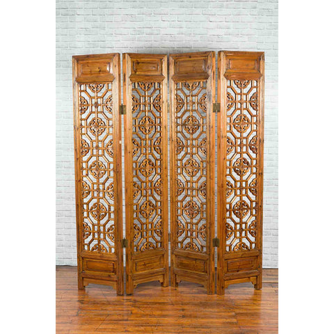 Chinese Early 20th Century Fretwork Four-Panel Screen with Geometric Motifs
