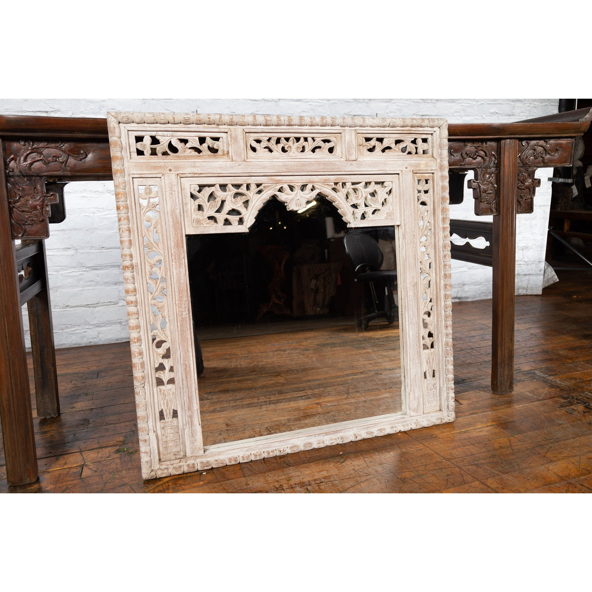 19th Century Painted Thai Mirror with Hand-Carved Scrolling Floral Décor-15. Asian &amp; Chinese Furniture, Art, Antiques, Vintage Home Décor for sale at FEA Home
