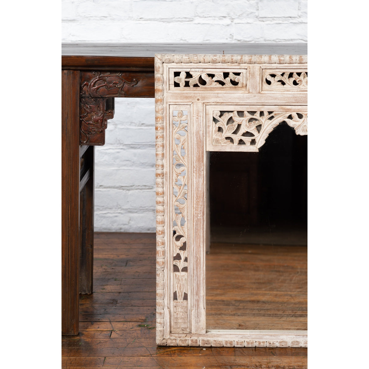 19th Century Painted Thai Mirror with Hand-Carved Scrolling Floral Décor-7. Asian &amp; Chinese Furniture, Art, Antiques, Vintage Home Décor for sale at FEA Home