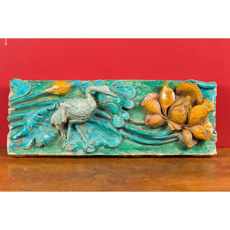 Chinese Ming Dynasty Period Ancient Turquoise Roof Tile with Crane and Flower