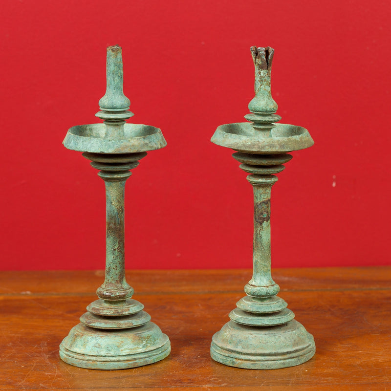 Pair of Angkor-Wat 12th Century Bronze Temple Oil Lamps from the Khmer Empire-YN3199-2. Asian & Chinese Furniture, Art, Antiques, Vintage Home Décor for sale at FEA Home