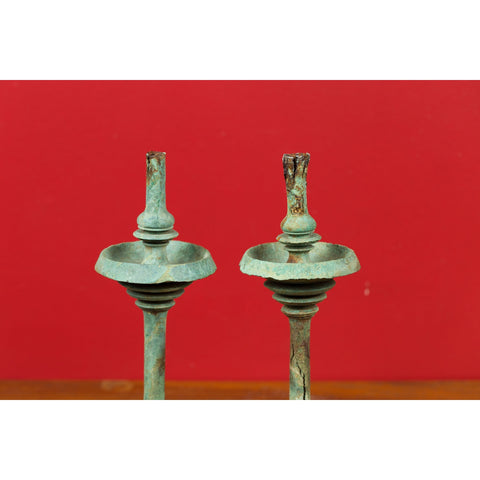 Pair of Angkor-Wat 12th Century Bronze Temple Oil Lamps from the Khmer Empire-YN3199-5. Asian & Chinese Furniture, Art, Antiques, Vintage Home Décor for sale at FEA Home