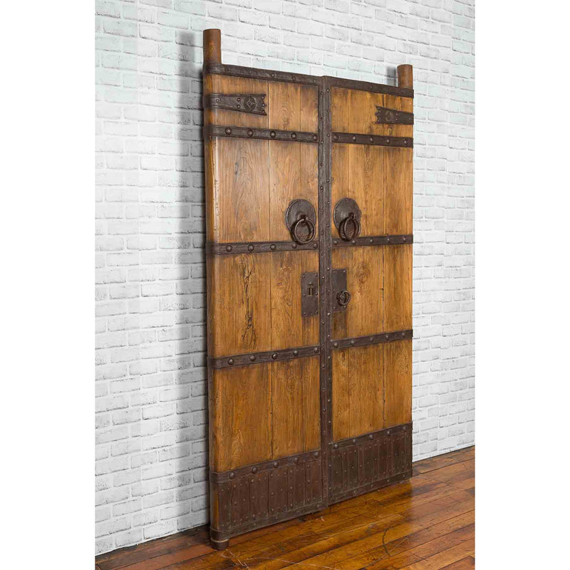 Pair of Chinese 19th Century Qing Dynasty Period Palace Doors with Iron Fittings