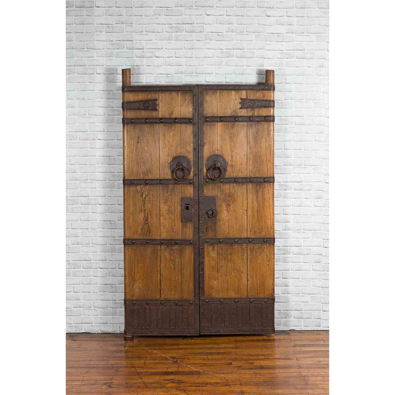 Pair of Chinese 19th Century Qing Dynasty Period Palace Doors with Iron Fittings
