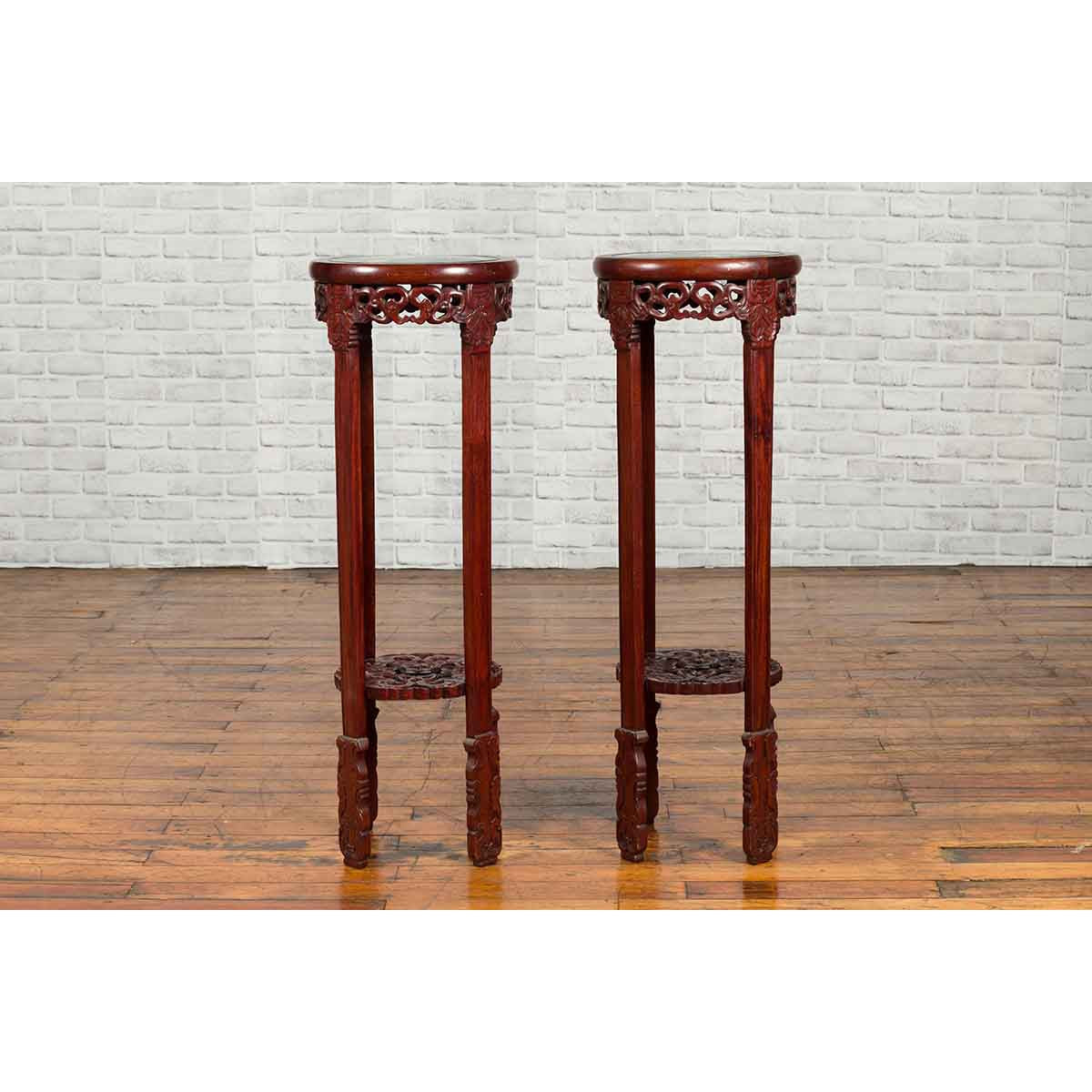 Pair of Antique Chinese Carved Round Stands with Painted Floral and Bird Décor-5. Asian &amp; Chinese Furniture, Art, Antiques, Vintage Home Décor for sale at FEA Home