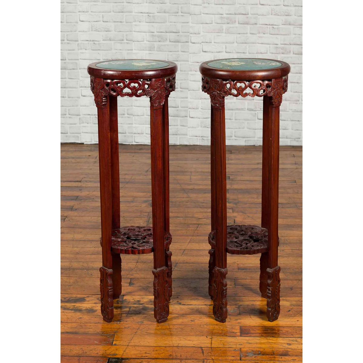 Pair of Antique Chinese Carved Round Stands with Painted Floral and Bird Décor-4. Asian &amp; Chinese Furniture, Art, Antiques, Vintage Home Décor for sale at FEA Home