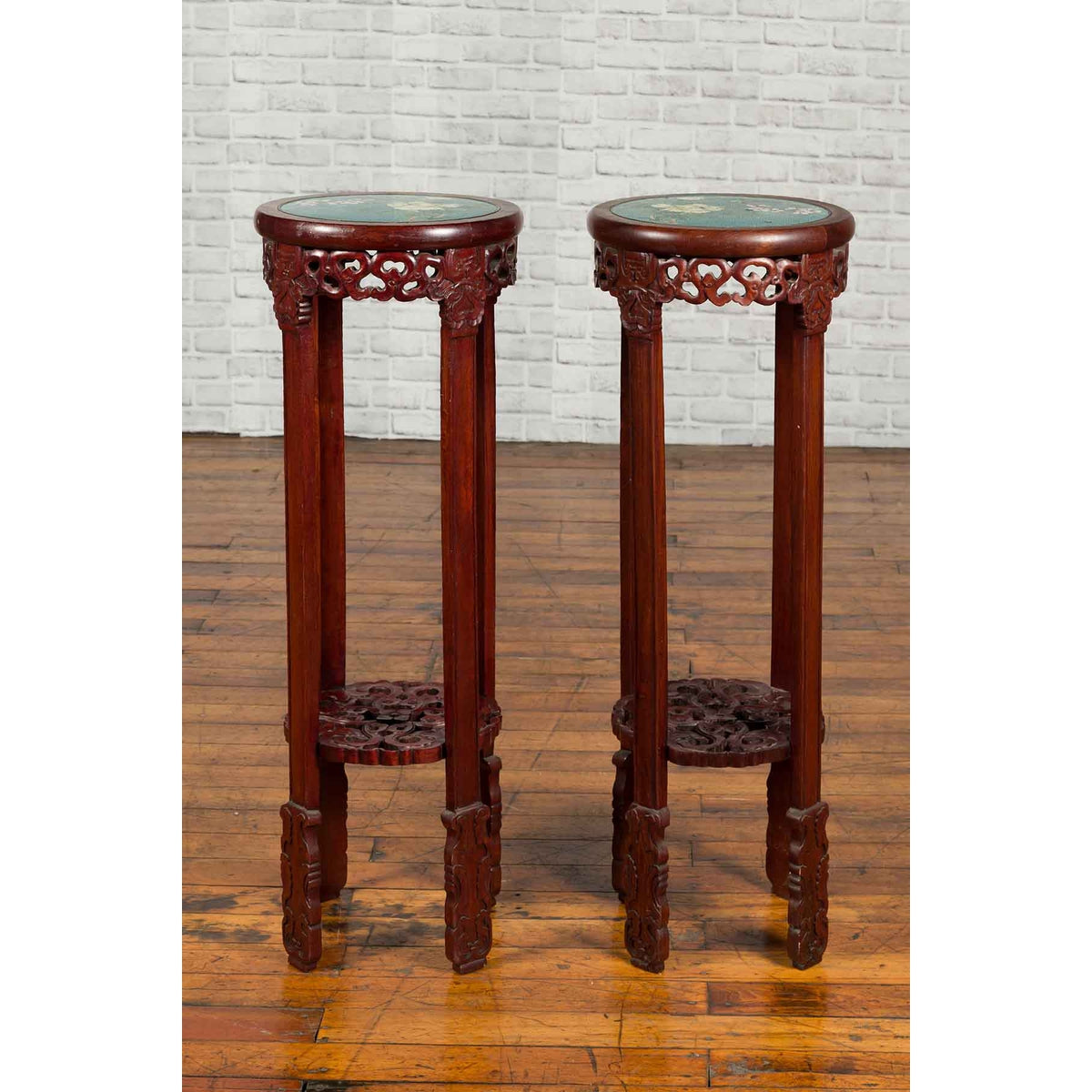 Pair of Antique Chinese Carved Round Stands with Painted Floral and Bird Décor-2. Asian &amp; Chinese Furniture, Art, Antiques, Vintage Home Décor for sale at FEA Home