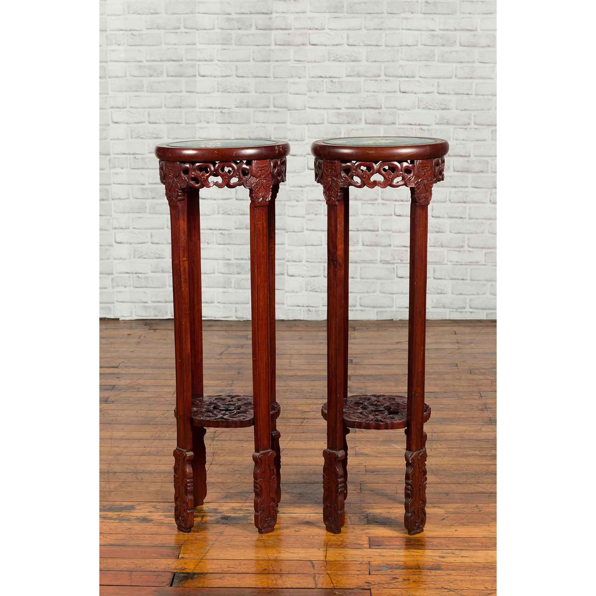 Pair of Antique Chinese Carved Round Stands with Painted Floral and Bird Décor-15. Asian &amp; Chinese Furniture, Art, Antiques, Vintage Home Décor for sale at FEA Home