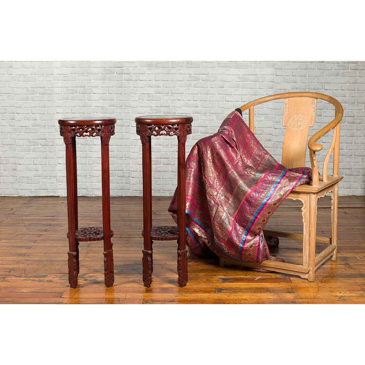 Pair of Antique Chinese Carved Round Stands with Painted Floral and Bird Décor-3. Asian &amp; Chinese Furniture, Art, Antiques, Vintage Home Décor for sale at FEA Home