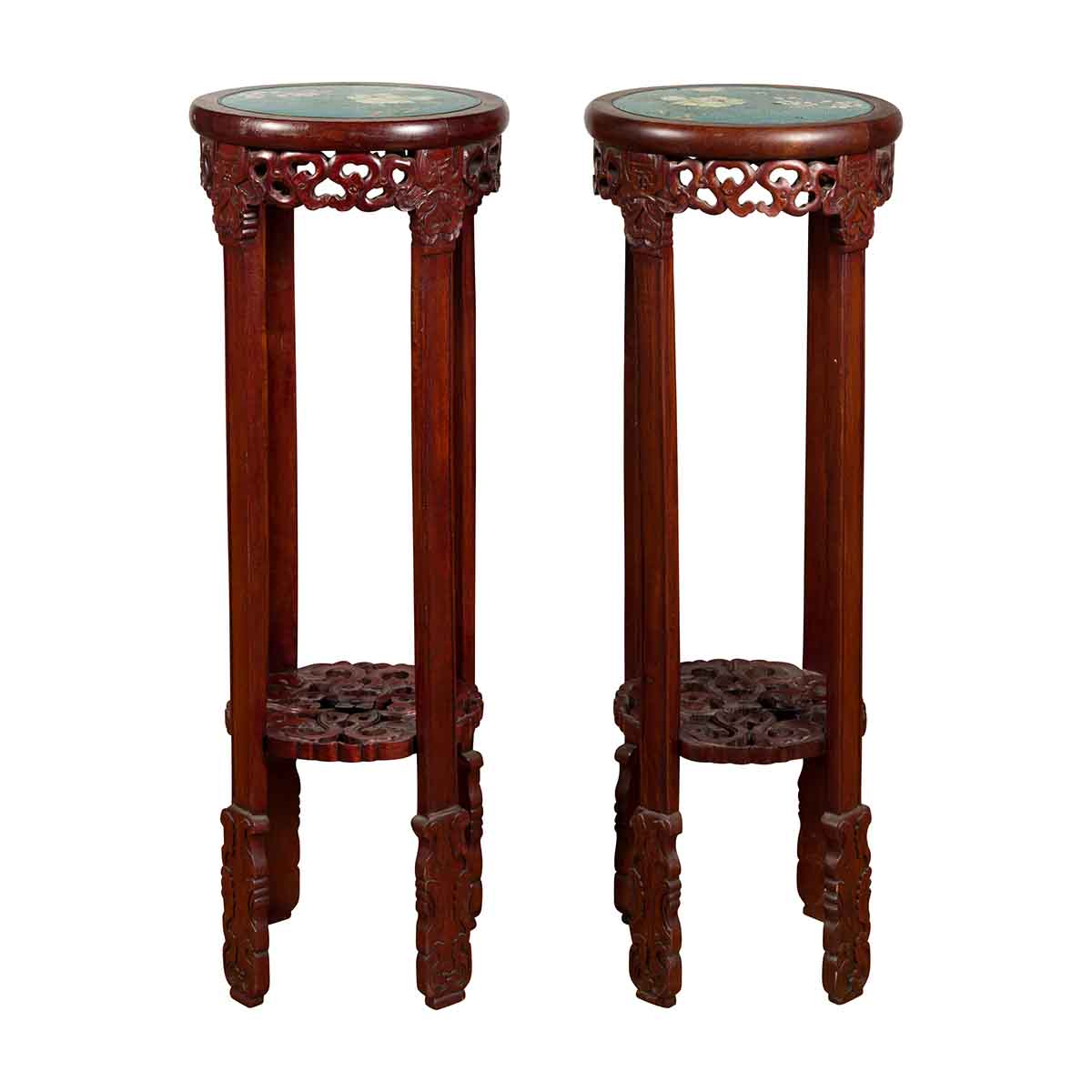Pair of Antique Chinese Carved Round Stands with Painted Floral and Bird Décor-1. Asian &amp; Chinese Furniture, Art, Antiques, Vintage Home Décor for sale at FEA Home