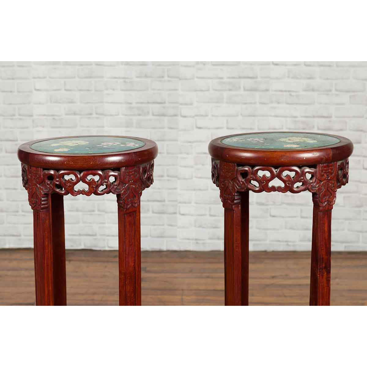 Pair of Antique Chinese Carved Round Stands with Painted Floral and Bird Décor-6. Asian &amp; Chinese Furniture, Art, Antiques, Vintage Home Décor for sale at FEA Home