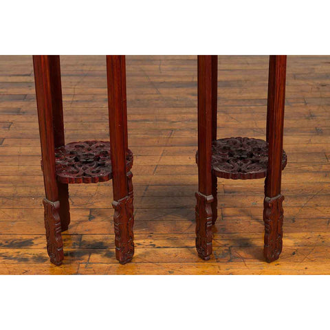 Pair of Antique Chinese Carved Round Stands with Painted Floral and Bird Décor-YN3266-7. Asian & Chinese Furniture, Art, Antiques, Vintage Home Décor for sale at FEA Home