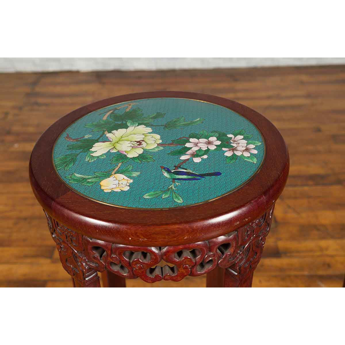 Pair of Antique Chinese Carved Round Stands with Painted Floral and Bird Décor-8. Asian &amp; Chinese Furniture, Art, Antiques, Vintage Home Décor for sale at FEA Home